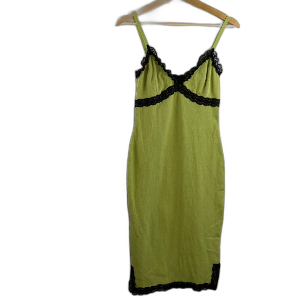 Forever 21 Women’s Green Lace Trim Slip Dress Ribbed Y2K Fairycore Size M